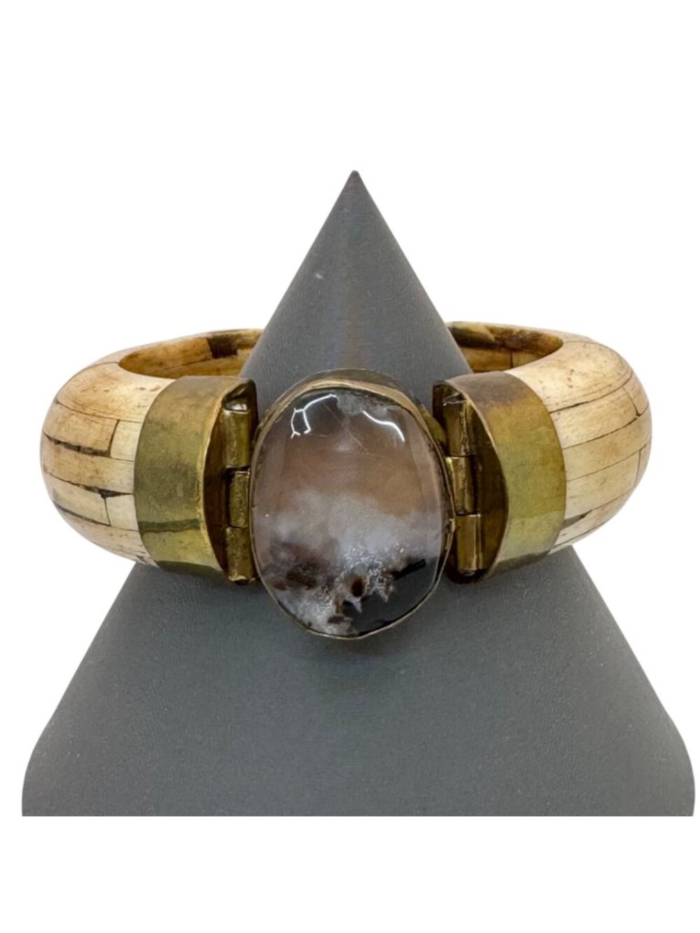 Brass & Bone Hinged Bracelet Agate Centerpiece 7" Unique Statement Vintage